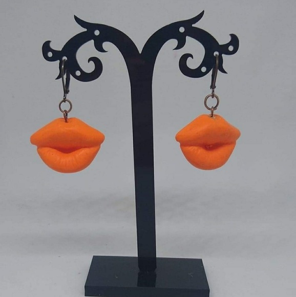 Kool Klay Jewelry - Unique Handmade Polymer Clay Lip Earrings, Orange Drop Earrings, Clay Earrings